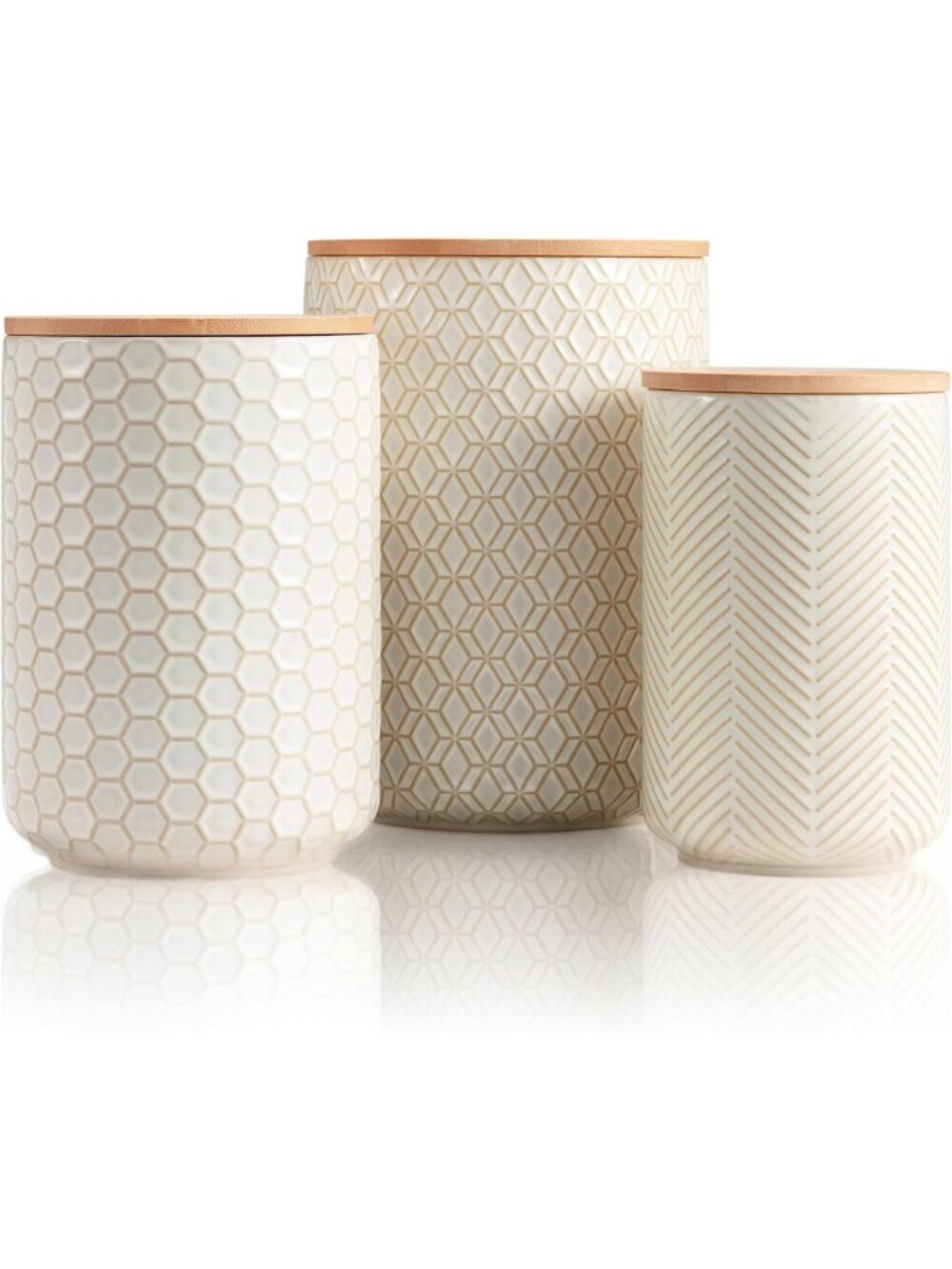 Stylish Ceramic Storage Containers Set of 3 with Bamboo Lids - Ivory, Embossed